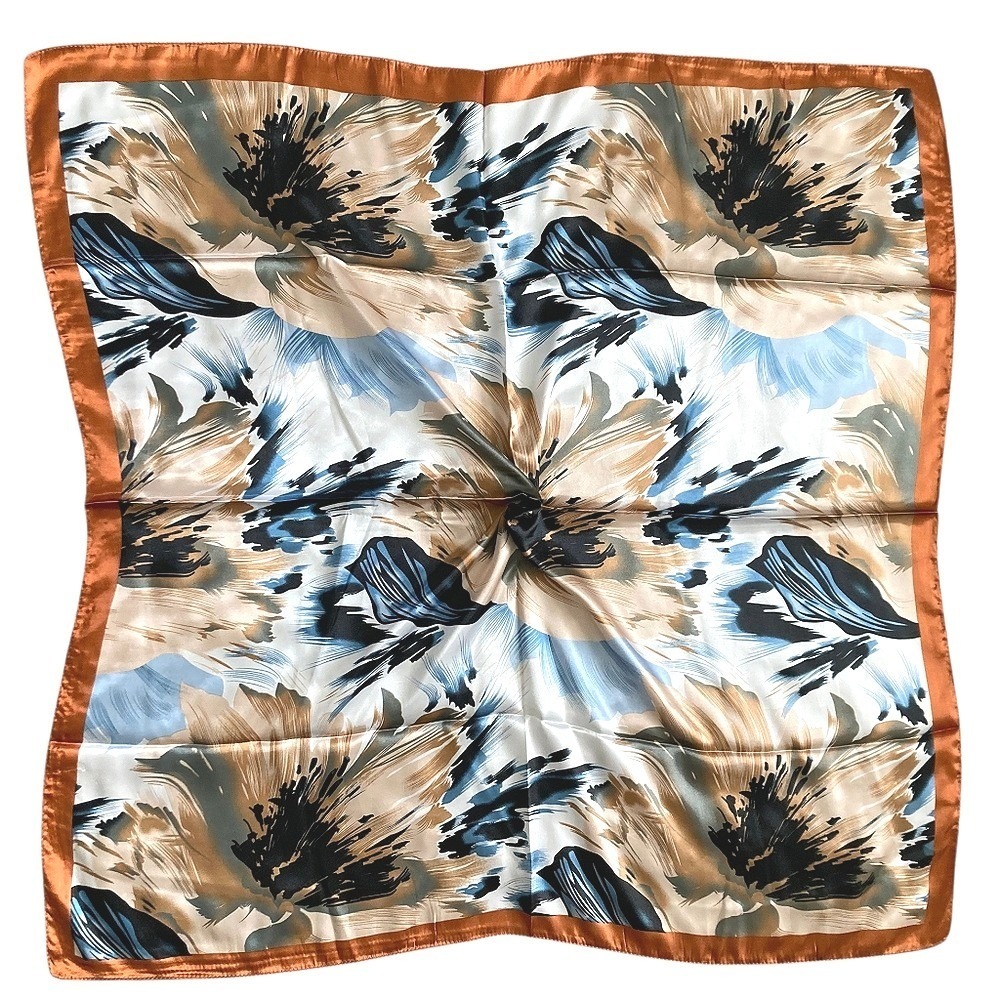 Oversized Boho Satin Square Hair Scarf Brown Blue abstract 35" Floral Artsy 💖